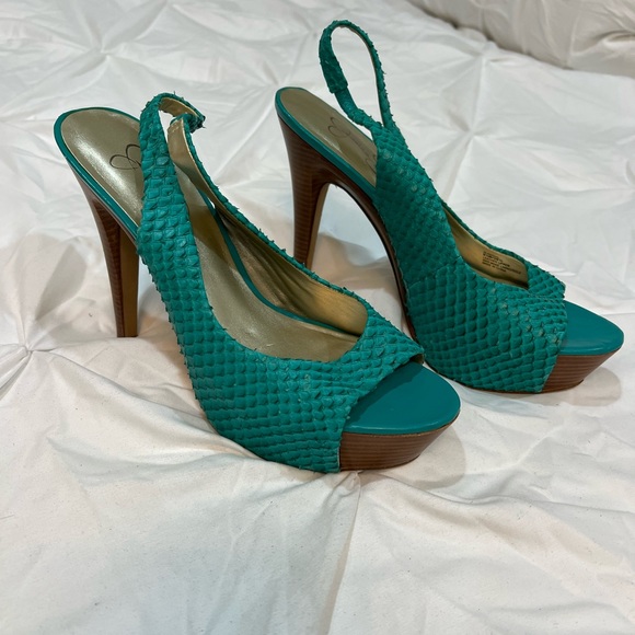 Turquoise Teal Snakeskin Leather Upper Peep Toe Sling Back Wooden Platform Heels - Picture 3 of 7